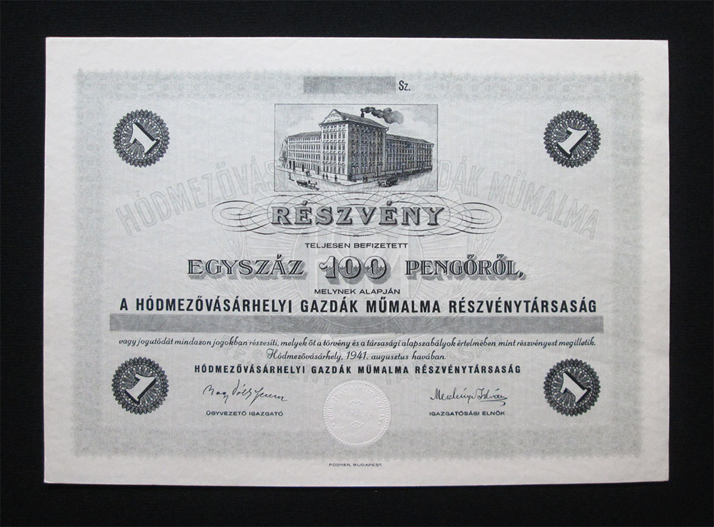 Hódmezõvásárhelyi Gazdák Mûmalma részvény 100 pengõ 1941